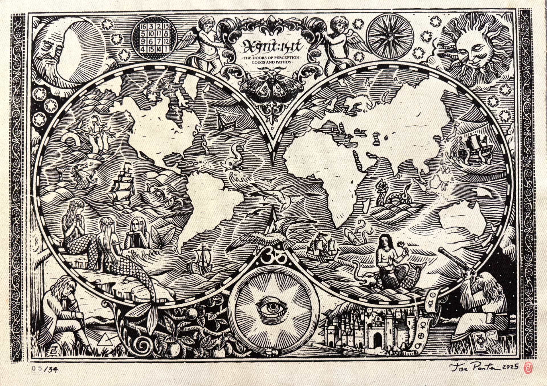 Full World Map silkscreen artwork with black woodcut linework, twin circular maps, ships, and esoteric symbols